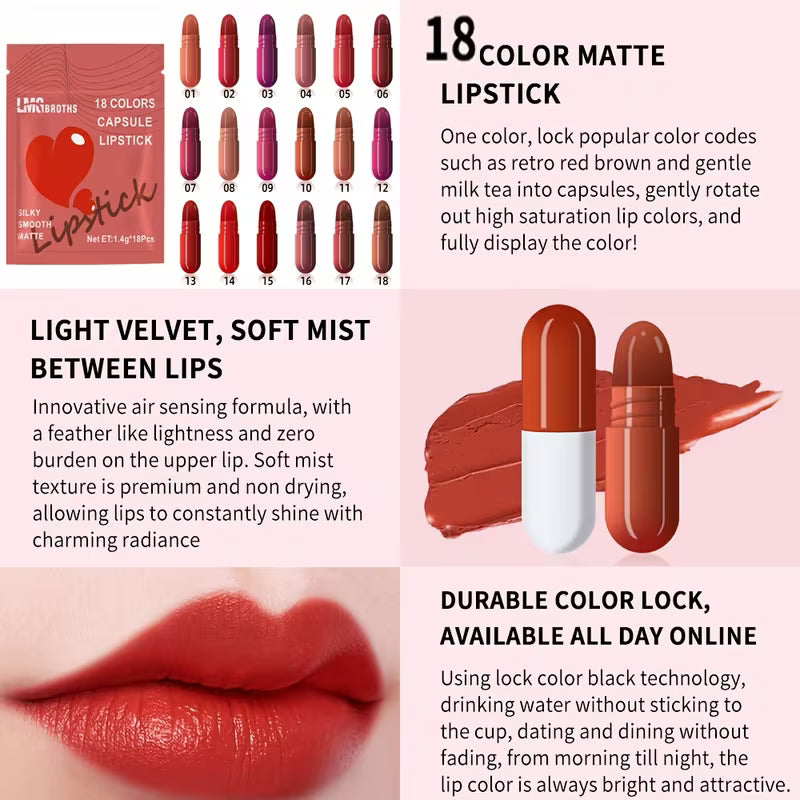 LMG BROTHS 18-Color Capsule Lipstick Set – Silky Smooth Matte Finish Mini Lipstick Pods (Travel Size &amp; Portable)