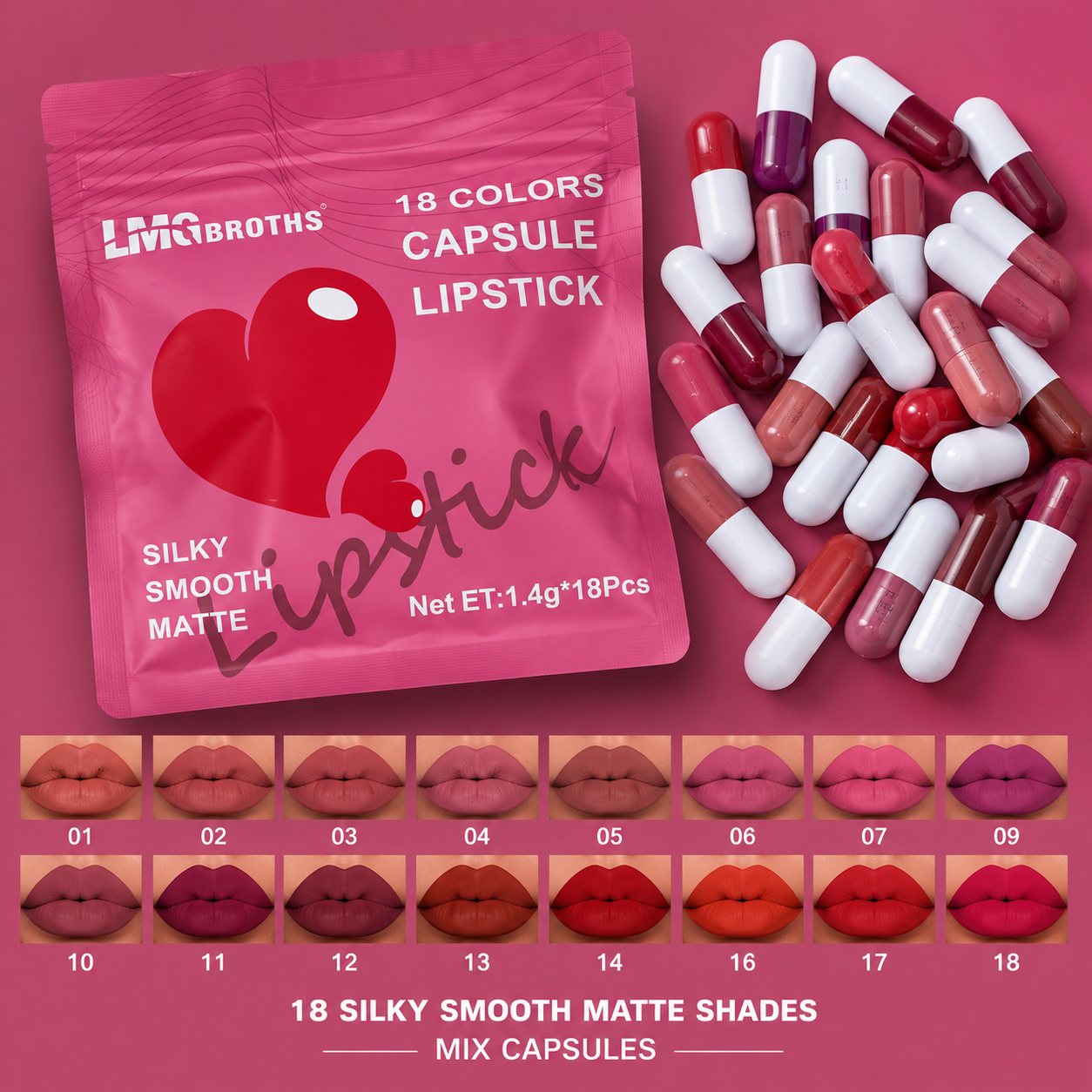 LMG BROTHS 18-Color Capsule Lipstick Set – Silky Smooth Matte Finish Mini Lipstick Pods (Travel Size &amp; Portable)