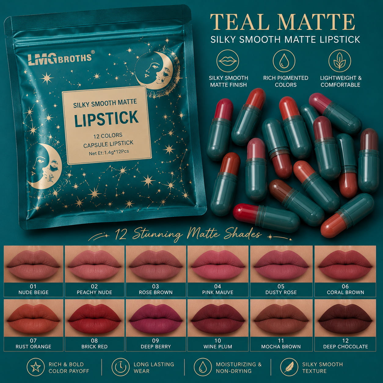 LMG BROTHS 18-Color Capsule Lipstick Set – Silky Smooth Matte Finish Mini Lipstick Pods (Travel Size &amp; Portable)