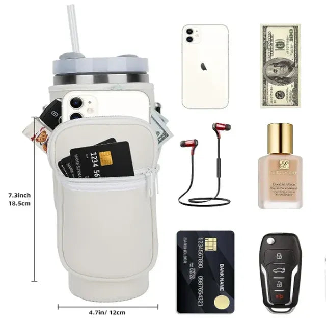 40oz Water Bottle Carrier Bag for Stanley Quencher Tumbler with Adjustable Strap & Pockets | Neoprene Sleeve Cup Holder Pouch ( Random Color )