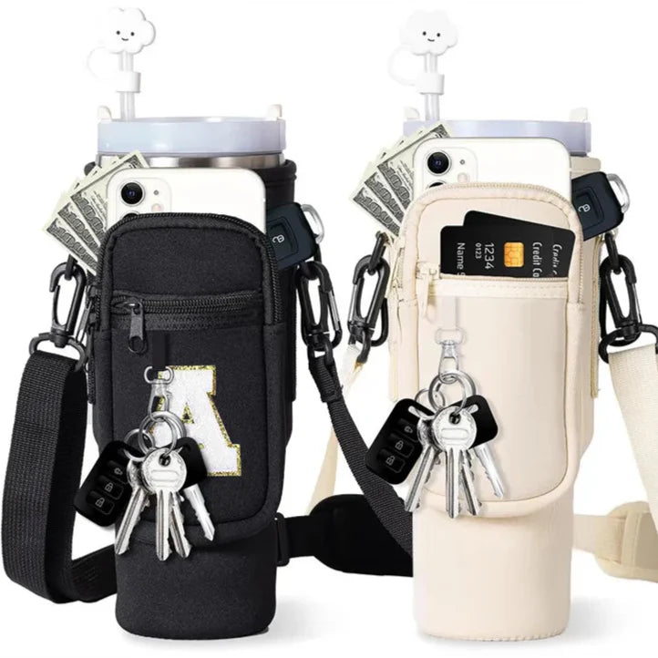40oz Water Bottle Carrier Bag for Stanley Quencher Tumbler with Adjustable Strap & Pockets | Neoprene Sleeve Cup Holder Pouch ( Random Color )