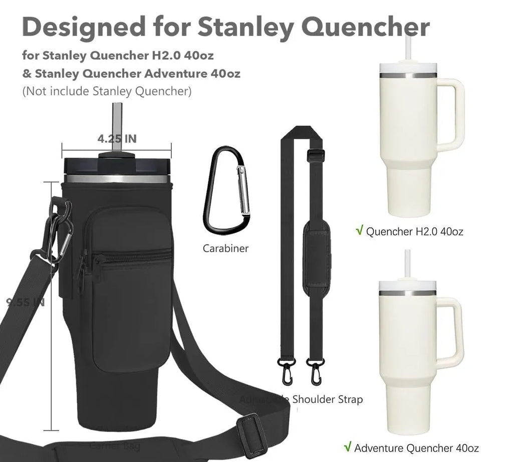 40oz Water Bottle Carrier Bag for Stanley Quencher Tumbler with Adjustable Strap & Pockets | Neoprene Sleeve Cup Holder Pouch ( Random Color )