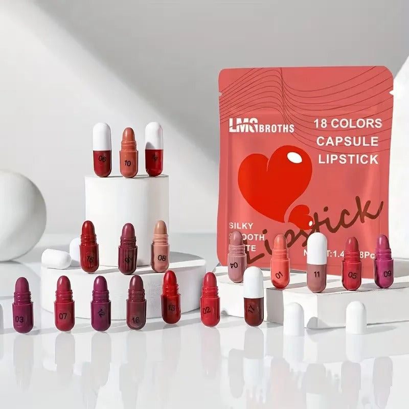 LMG BROTHS 18-Color Capsule Lipstick Set – Silky Smooth Matte Finish Mini Lipstick Pods (Travel Size &amp; Portable)